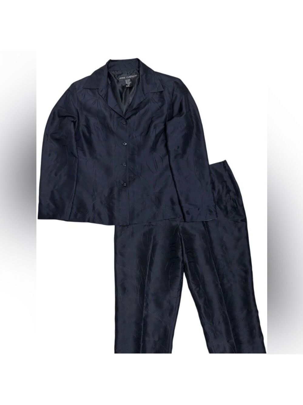 100% SILK Anne Carson 2-Piece Blue Business Blazer Jacket & Pants Suit Womens 6